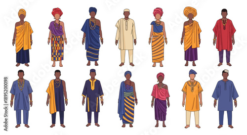 Diverse male figures in traditional African attire standing in various poses and outfits, showcasing cultural heritage and fashion, illustrated in a clean and simple style.