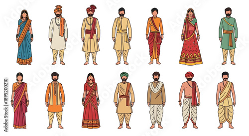 Traditional attire illustrations of diverse cultural wedding party members displayed together in a grid
