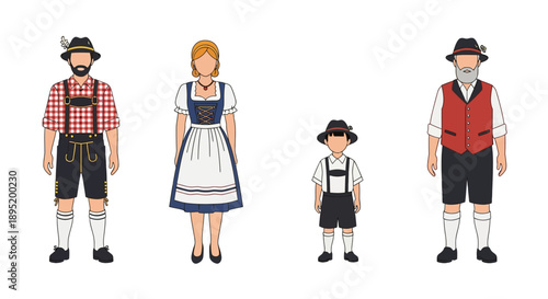 Traditional folk family in traditional attire standing together, showcasing cultural heritage and traditional clothing in a simple illustration