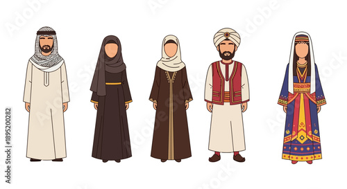 Traditional Middle Eastern attire illustration featuring diverse cultural clothing and accessories in a straightforward lineup.