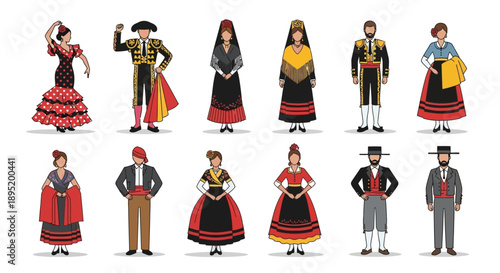 Collection of traditional folk costumes and characters in various cultural attire and accessories