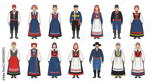 Traditional Folk Costumes from Various Cultures and Regions Displayed Together in Illustrations