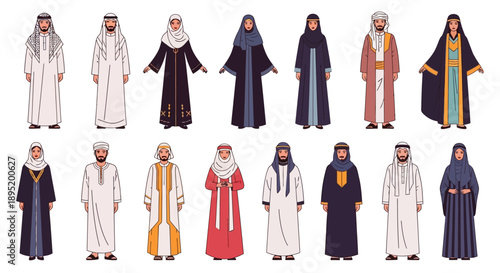 Diverse group of people wearing traditional Arabic clothing in various poses and colors, standing together, vector illustration, cultural attire, fashion