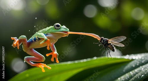 Vibrant frog catches fly with long tongue in rainy forest