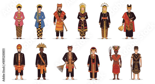 Illustration of diverse traditional tribal people in various costumes and accessories standing alone, showcasing cultural heritage and historical attire.