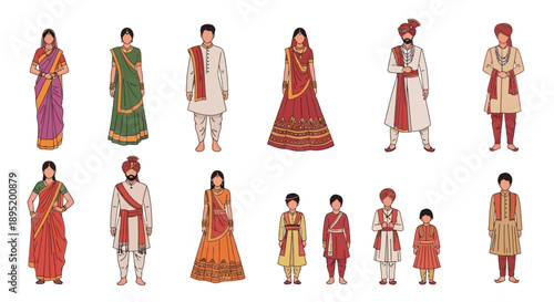 Diverse group of people in traditional attire standing together in a cultural celebration, showcasing various ethnic clothing and accessories.