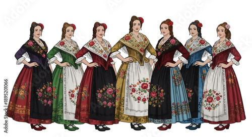 Traditional folk dancers in colorful embroidered dresses performing a cultural dance in a festive atmosphere from a front viewpoint