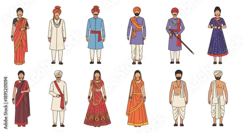 Diverse group of people in traditional Indian attire standing together in a cultural setting, showcasing various clothing styles and accessories from different viewpoints.