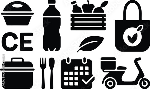 Black silhouette icons illustrating various food delivery, grocery shopping, and service options for convenience
