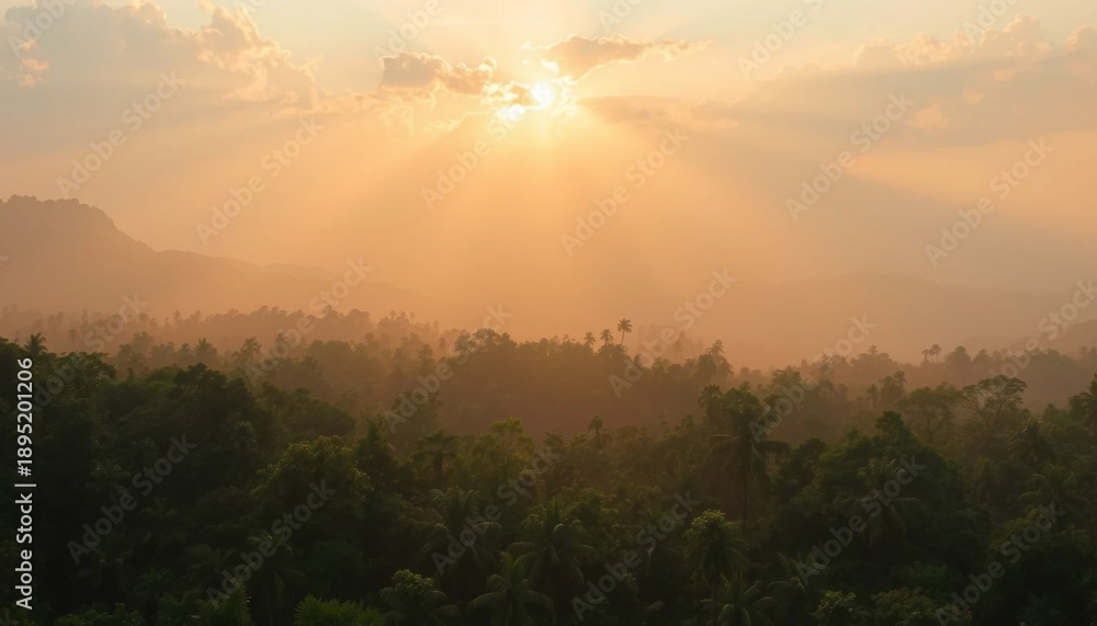Naklejka premium Tranquil golden rays over jungle valley