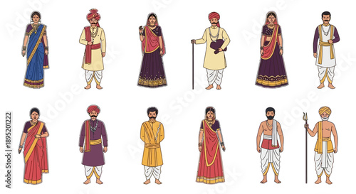 Diverse Set of Traditional Indian Outfits for Men and Women in Various Cultural Attires and Accessories, Illustrated Figures, Cultural Heritage, Vibrant Clothing, Diverse Costumes