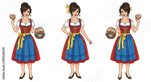 Three women in traditional Bavarian dresses holding beer steins in different poses standing upright