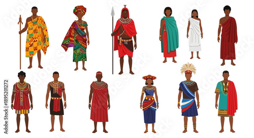African tribe members in traditional attire standing in various poses and wearing vibrant robes and accessories