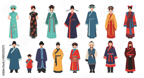 Collection of traditional Asian clothing illustrations featuring various kimonos and robes displayed from different viewpoints.