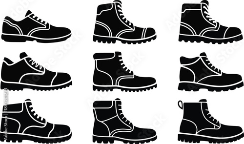 Hiking boots silhouette collection for trekking and mountain travel vector illustration outdoor adventure footwear design elements isolated set