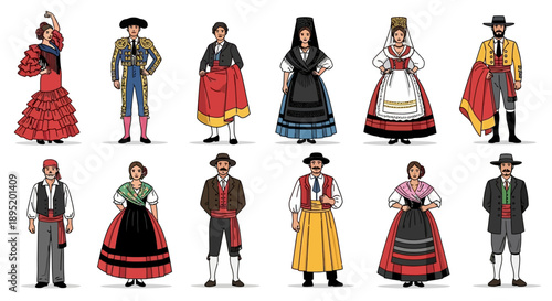 Diverse Traditional Costumes of Various Cultures and Regions Illustrated in a Collage Style
