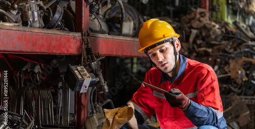 Banner Refurbishing recycling auto parts worker labor in sustainable repair industry Worker sorting used mechanical components for reuse. technician assessment inspection secondhand recycled parts