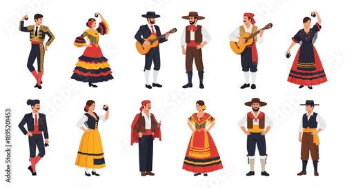 Diverse group of people in traditional attire performing various actions and playing instruments from different cultures around the world in a flat illustration style