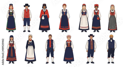 Collection of people wearing traditional folk costumes from various regions standing in a grid on a plain white background
