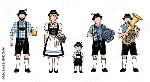Traditional German family in folk costumes celebrating Oktoberfest with music and beer
