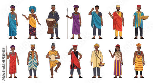 Diverse group of people in traditional African attire standing in various poses across a plain background, viewed from the front