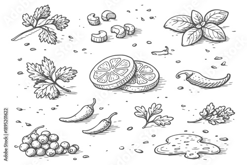Hand Drawn Herb Garnish Elements and Fresh Food Toppings Vector Set