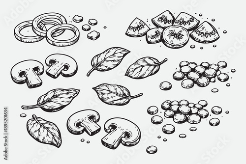 Hand Drawn Mini Cooking Ingredients and Chopped Food Elements Vector Set