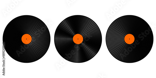 Set of vinyl records. LP or long play music plates for gramophone isolated on white background. DJ discs for techno party. 70s 80s 90s discotheque nostalgia concept. Vector flat illustration.