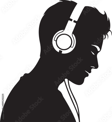 Man wearing headphones listening to music vector illustration enjoying sound peaceful profile silhouette