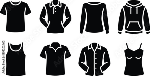 Black silhouette icons showcasing various common clothing items including shirts and hoodies