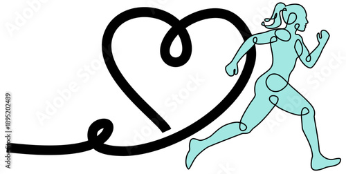 Healthy heart and active lifestyle concept with female jogger line art Minimalist fitness logo with heart symbol and female runner in one line style