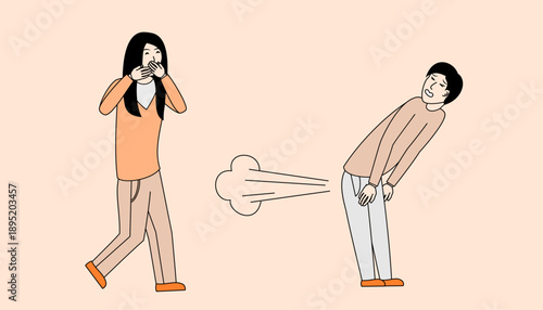 Cartoon man blowing a fart. The man is laughing and the woman is covering his nose