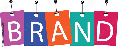 Colorful Brand Word Hanging Tags Design, Branding Label Concept with Letters, Creative Marketing Identity Vector Illustration