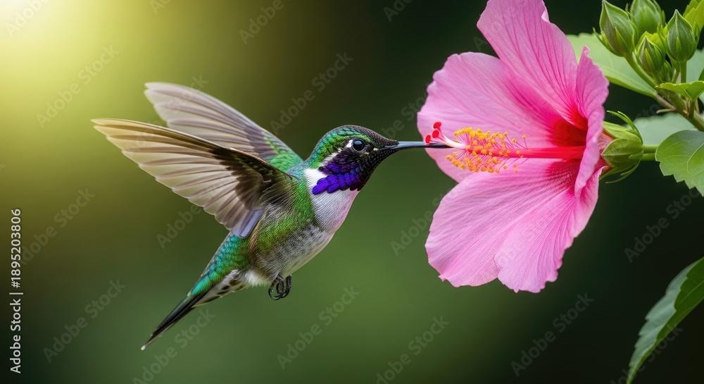 Obraz premium Hummingbird sips nectar from a vibrant pink flower in flight