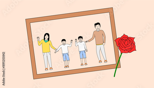 photo of happy family, mom, dad and two kids