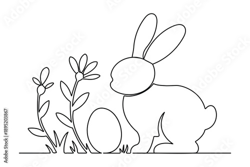 Rabbit one line art drawing with easter egg and flowers