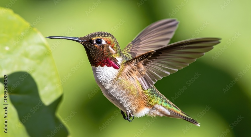 Obraz premium A hummingbird in flight with vibrant feathers and a blurred green background