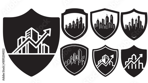 Artistic badge shield featuring an upward skyline trend emblem representing urban real estate growth financial progress and corporate development in the city