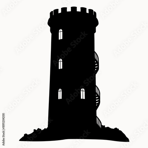 A black silhouette of a medieval castle tower with windows