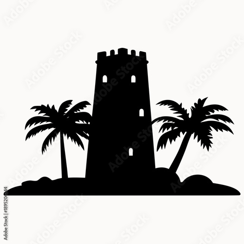 A black silhouette of a castle tower with two palm trees on a small island