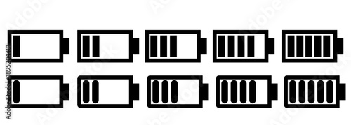 Set of battery level indicators for smartphone interface. Smartphone battery icons showing low, medium, and full charge.