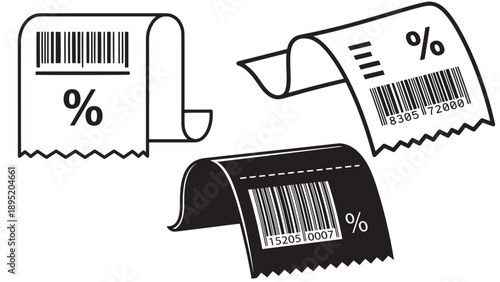 Paper folded receipt icon with barcode and percent symbol representing retail checkout discounts financial transaction proof and billing invoices for business sales