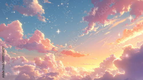 Kawaii anime background with pastel morning sky yellow blue pink light and cheerful sparkles