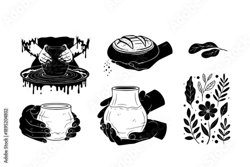 Artisanal Potter at Pottery Wheel Silhouette Vector, Organic Handcrafted Ceramic Art Concept and Traditional Craftsmanship Illustration