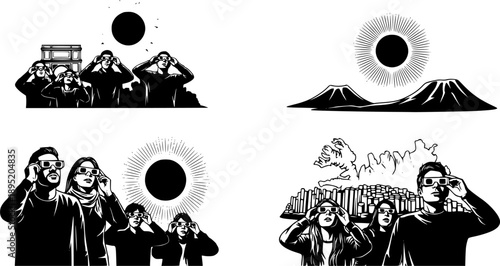 People Watching Total Solar Eclipse 2026 with Protective Glasses Silhouette Vector, Astronomy Event in Spain and Iceland Celebration Graphic