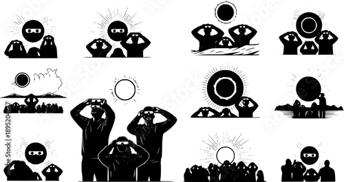People Watching Total Solar Eclipse 2026 with Protective Glasses Silhouette Vector, Astronomy Event in Spain and Iceland Celebration Graphic