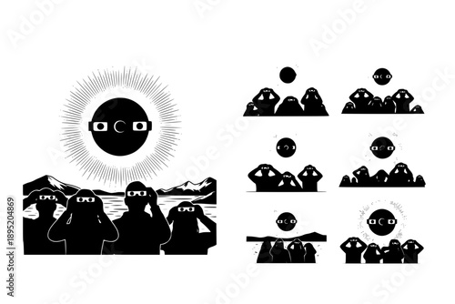 People Watching Total Solar Eclipse 2026 with Protective Glasses Silhouette Vector, Astronomy Event in Spain and Iceland Celebration Graphic