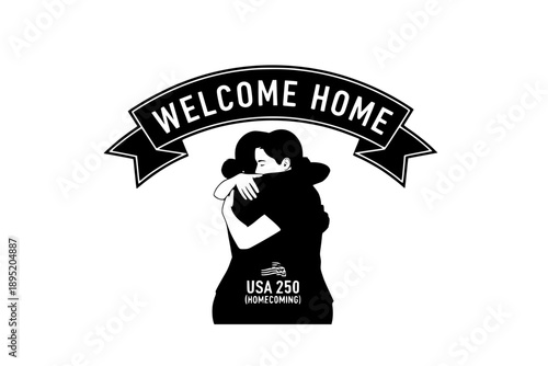 USA 250th Anniversary Homecoming and Community Hug Silhouette Vector, American Semiquincentennial Celebration and Family Connection Graphic