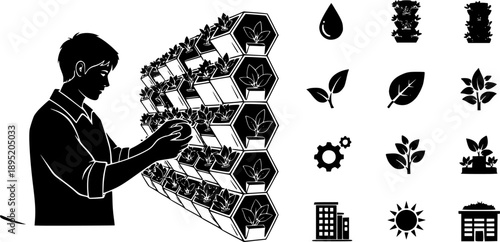 Urban Gardener with Vertical Hydroponic Wall Silhouette Vector, Sustainable City Living and Green Technology Agriculture Graphic Illustration