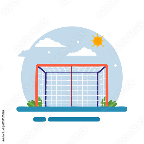 Illustration of soccer goal net in bright outdoor sports field on sunny day with clouds